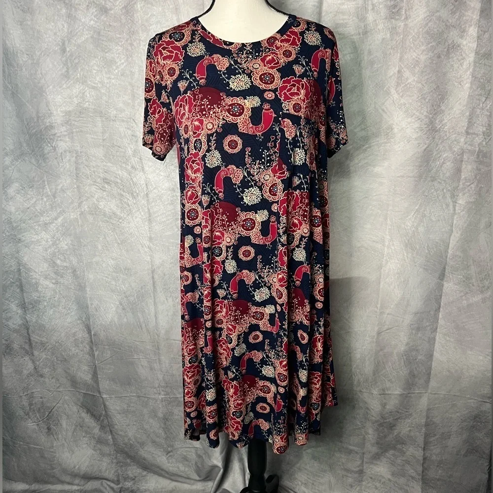 LuLaRoe Carly Floral Print Navy and Red Short Sleeve High-Low Swing Dress - S
